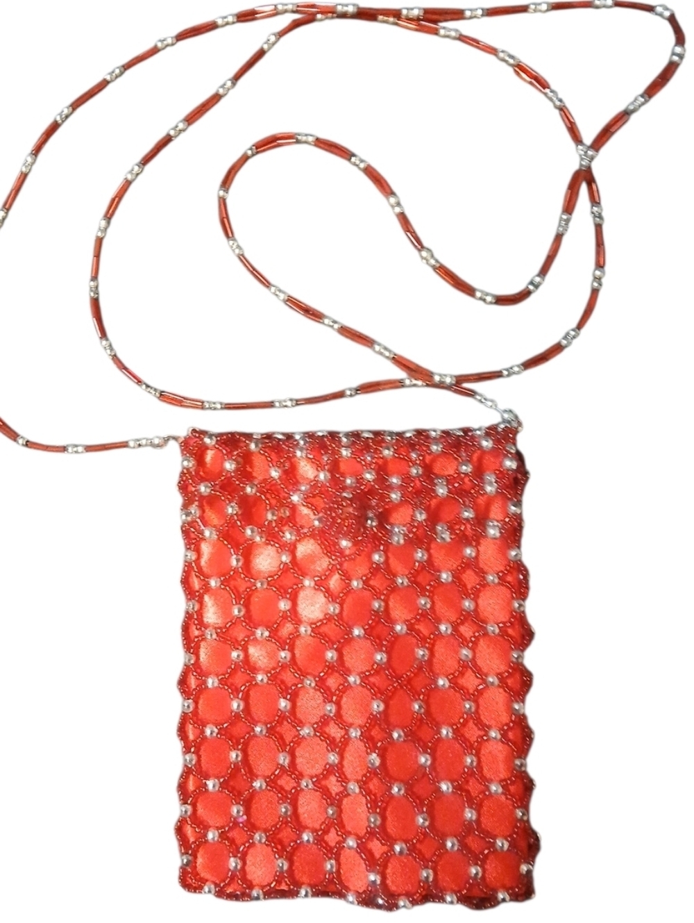 Red Beaded Crossbody Evening Bag, Hoop Clasp, Red Nylon, Red/Silver Beads - Picture 2 of 9